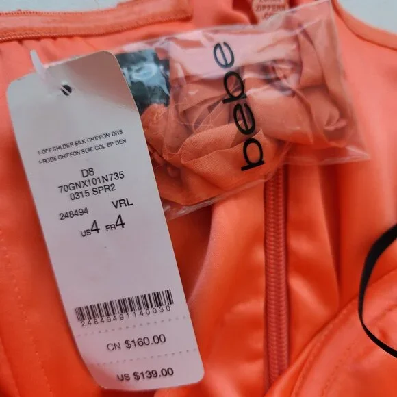 New Bebe Off Shoulder Silk Chiffon Dress Coral Orange Summer Party Taylor Swift - Picture 5 of 10